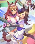 2girls ahoge animal_ears blue_eyes breasts brown_hair commentary_request hair_over_one_eye highres horse_ears horse_girl horse_tail katwo long_hair looking_at_another medium_breasts mihono_bourbon_(umamusume) multiple_girls necktie open_mouth pink_necktie purple_eyes rice_shower_(umamusume) school_uniform skirt tail thighhighs tilted_headwear tracen_school_uniform umamusume white_legwear white_skirt zettai_ryouiki 