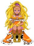  1girl absurdres amamiya_erena blonde_hair collarbone colored_eyelashes cure_soleil dark-skinned_female dark_skin dress ebura_din full_body hair_ornament highres jewelry long_hair looking_at_viewer mole mole_under_eye necklace orange_dress parted_lips ponytail precure purple_eyes simple_background solo standing star_(symbol) star_hair_ornament star_twinkle_precure very_long_hair white_background yellow_footwear 