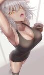  1girl arm_up armpits black_legwear breasts cleavage coffee coffee_mug collarbone cup eyebrows_visible_through_hair fate_(series) highres jeanne_d&#039;arc_(alter)_(fate) jeanne_d&#039;arc_(fate) large_breasts looking_at_viewer mug open_mouth penguintake saliva short_hair solo steam tank_top teeth thighs tongue white_hair yellow_eyes 