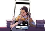  1boy closed_eyes commentary_request guan_xuan_(the_legend_of_luoxiaohei) head_rest highres holding holding_phone male_focus murimajimuri phone phone_screen sleeping solo stack the_legend_of_luo_xiaohei upper_body white_background 