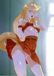  1girl absurdres animal_ear_fluff animal_ears areolae ass bangs bare_shoulders blonde_hair breasts clothes_lift eyebrows_visible_through_hair fate/extra fate/extra_ccc fate/extra_ccc_fox_tail fate_(series) fellatio_gesture fox_ears fox_girl fox_tail hair_between_eyes highres lifted_by_self long_hair looking_at_viewer mazarimon one_eye_closed open_mouth oral_invitation panties pink_panties red_scrunchie scrunchie shirt_lift side-tie_panties skirt skirt_lift solo suzuka_gozen_(fate) tail tail_lift thighs tongue tongue_out translated underwear wrist_scrunchie yellow_eyes 