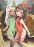  2girls artist_name bangs bare_shoulders blush border breast_press breasts brown_eyes brown_hair character_request child china_dress chinese_clothes chinese_commentary cleavage_cutout clothing_cutout commentary_request covered_navel dark-skinned_female dark_skin dress eyebrows_visible_through_hair fang feathered_wings feathers gradient_hair happy headpiece highres holding_hands keven_(ewdx3754) long_hair looking_at_viewer mesopotamia_(tower_of_saviors) multicolored_hair multiple_girls open_mouth outstretched_arm red_eyes red_hair shiny shiny_hair short_dress short_sleeves side_slit sidelocks signature sleeveless sleeveless_dress small_breasts smile standing symmetrical_docking symmetry tower_of_saviors two-tone_hair white_hair wings yellow_border yellow_wings younger 