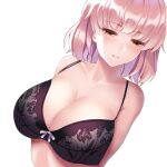  1girl :o arms_behind_back bare_shoulders black_bra blush bow bow_bra bra breasts cleavage closed_mouth collarbone eyebrows_visible_through_hair floral_print from_above half-closed_eyes huyumitsu jitome large_breasts leaning_back leaning_to_the_side light_frown long_hair looking_away original pink_hair simple_background solo underwear upper_body yellow_eyes 