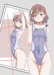  1girl absurdres armpits arms_up ass_visible_through_thighs breasts brown_hair collarbone competition_swimsuit covered_navel cowboy_shot flower grey_background grey_swimsuit hair_flower hair_ornament hair_twirling highres looking_at_viewer misaka_mikoto niea one-piece_swimsuit short_hair sketch small_breasts solo standing swimsuit thigh_gap toaru_kagaku_no_railgun toaru_majutsu_no_index white_flower 