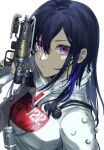  1girl apex_legends b3_wingman bangs black_hair black_nails bodysuit closed_mouth commentary cosplay fingernails gun hand_up handgun highres hisui_ill holding holding_gun holding_weapon ichinose_uruha long_hair looking_at_viewer lupinus_virtual_games multicolored_hair pistol purple_eyes quarantine_722_wraith science_fiction simple_background solo streaked_hair upper_body virtual_youtuber vspo! weapon white_background white_bodysuit wraith_(apex_legends) wraith_(apex_legends)_(cosplay) 