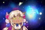  +_+ 1girl :o absurdres bangs beads blonde_hair chibi commentary dark-skinned_female dark_skin hair_beads hair_ornament highres hololive hololive_english kaniko_(tsukumo_sana) limiter_(tsukumo_sana) long_hair meme parody planet_hair_ornament same_anko solo space space_cat_(meme) star_(sky) symbol-only_commentary tsukumo_sana twintails usaslug_(tsukumo_sana) virtual_youtuber yellow_eyes 