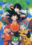 1990s_(style) 1girl 6+boys :d absurdres antennae aqua_hair arm_on_head arm_up ball bangs baseball_cap black_eyes black_hair blue_eyes brown_footwear bulma cape carrying clothes_writing colored_skin copyright_name crossed_arms day dende dougi dragon_ball dragon_ball_(object) dragon_ball_z earrings emblem father_and_son flexing green_skin green_sky grin hairband hat height_difference highres holding holding_ball jewelry kuririn logo long_sleeves medium_hair multiple_boys muscular muscular_male nail_(dragon_ball) namek namekian no_eyebrows official_art open_mouth outdoors piccolo piggyback pointy_ears pose profile retro_artstyle saiyan scan smile son_gohan son_goku spiked_hair standing stud_earrings sweatdrop teeth turban upper_teeth v white_cape wristband 