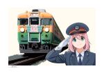  1girl black_jacket blue_eyes blue_necktie border closed_mouth collared_shirt colorized commentary_request dated gloves ground_vehicle hat horikou jacket kagamihara_nadeshiko long_sleeves looking_at_viewer medium_hair necktie peaked_cap pink_hair railroad_tracks salute shirt signature smile solo train uniform white_border white_gloves white_shirt wing_collar yellow_background yurucamp 