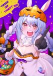  1girl :d basket black_bra black_gloves blue_hair blurry blurry_background bra braid breasts bunny-shaped_pupils candy commentary depth_of_field don-chan_(usada_pekora) dress ears_through_headwear english_commentary food fur-trimmed_gloves fur_trim gloves hair_between_eyes halloween halloween_bucket highres holding holding_basket hololive jack-o&#039;-lantern looking_at_viewer medium_breasts mikan_(chipstar182) multicolored_hair night night_sky open_mouth pointing pointing_at_viewer pumpkin_on_head red_eyes short_eyebrows sky smile solo star_(symbol) symbol-shaped_pupils teeth trick_or_treat twin_braids two-tone_hair underwear upper_teeth usada_pekora virtual_youtuber white_dress white_hair 