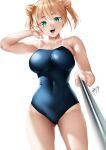  1girl :d aqua_eyes blonde_hair blue_swimsuit breasts commentary_request covered_navel double_bun glasses highres hoshizaki_rika_(kanojo_mo_kanojo) kanojo_mo_kanojo large_breasts looking_at_viewer one-piece_swimsuit open_mouth over-rim_eyewear red-framed_eyewear semi-rimless_eyewear short_hair short_twintails signature simple_background smile solo standing swimsuit teeth thighs twintails white_background zasshu 