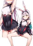 1girl absurdres animal_ears arm_up armpits ass ass_visible_through_thighs azur_lane bikini bikini_bottom bikini_over_clothes black_skirt blush breasts clothes_lift covered_navel grin hairband head_out_of_frame highres legs lifted_by_self long_hair looking_at_viewer rabbit_ears red_bikini revealing_clothes shimakaze_(azur_lane) shirt silver_hair simple_background sitting skirt skirt_lift small_breasts smile solo spread_legs swimsuit swimsuit_over_clothes thighs tor_ai very_long_hair white_background white_shirt yellow_eyes 