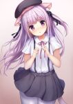  1girl animal_ears azur_lane bangs black_skirt bow bowtie cat_ears cat_girl cat_tail collared_shirt commentary eyebrows_visible_through_hair eyes_visible_through_hair hair_between_eyes hair_bow hair_ribbon hat head_tilt highres kisaragi_(azur_lane) light_purple_hair long_hair looking_at_viewer manda_(manda9n) pantyhose parted_lips pleated_skirt purple_eyes retrofit_(azur_lane) ribbon school_hat school_uniform shirt short_sleeves sidelocks skirt solo suspender_skirt suspenders tail thighhighs two_side_up white_legwear white_shirt zettai_ryouiki 