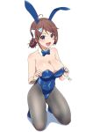  1girl animal_ears areola_slip areolae armlet black_legwear blue_eyes blue_footwear blue_leotard blush boots braid breasts brown_hair chougei_(kancolle) cleavage commentary eyebrows_visible_through_hair fake_animal_ears full_body hair_ornament hair_rings hairclip high_heel_boots high_heels highres holding holding_clothes kantai_collection kneeling large_breasts leotard long_hair mikan_29344886 open_mouth pantyhose playboy_bunny rabbit_ears shadow simple_background smile solo twin_braids white_background 