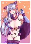  1girl animal_ears bangs bare_shoulders blush bow breasts claw_pose cleavage cosplay earrings elbow_gloves fate/grand_order fate_(series) fur-trimmed_gloves fur-trimmed_legwear fur_collar fur_trim gloves hair_ribbon highres jewelry kama_(fate) lace-trimmed_legwear lace_trim large_breasts long_hair looking_to_the_side mash_kyrielight mash_kyrielight_(dangerous_beast) mash_kyrielight_(dangerous_beast)_(cosplay) navel o-ring open_mouth purple_gloves purple_legwear purple_tail red_eyes revealing_clothes ribbon silver_hair tail wolf_ears wolf_tail yumeneko_nyaa 