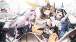  3girls absurdres animal_ears arm_up armpits azur_lane black_hair black_legwear blush breasts chikuma_(azur_lane) chyan collarbone eating hair_between_eyes headband highres katana katsuragi_(azur_lane) large_breasts long_hair looking_at_viewer manjuu_(azur_lane) multiple_girls official_art one_eye_closed rabbit_ears shimakaze_(azur_lane) sideboob small_breasts sword thighhighs twintails weapon yellow_eyes 