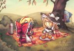  4girls alice_margatroid autumn autumn_leaves blonde_hair blue_eyes blue_hair bow braid branch brown_hair bush chibi cirno cup detached_sleeves food full_body fumo_(doll) grass hair_bow hair_ribbon hair_tubes hairband hakurei_reimu hat ice ice_wings kirisame_marisa leaf long_sleeves muffin multiple_girls nontraditional_miko peeking plate puffy_short_sleeves puffy_sleeves red_bow ribbon ribbon-trimmed_sleeves ribbon_trim seiza short_hair short_sleeves single_braid sitting skullchimes tea teacup thermos touhou tree twitter_username v-shaped_eyebrows watermark wide_sleeves wings witch_hat yellow_eyes 