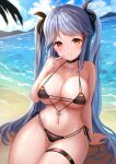  1girl anchor_symbol antenna_hair arm_support azur_lane bangs bare_shoulders beach bikini black_bikini blue_sky blush breasts cleavage cloud cloudy_sky collarbone commentary_request eyebrows_visible_through_hair finger_to_mouth groin hair_between_eyes hair_ribbon head_tilt horizon index_finger_raised large_breasts long_hair looking_at_viewer manda_(manda9n) mountainous_horizon multicolored_hair navel ocean official_alternate_costume prinz_eugen_(azur_lane) prinz_eugen_(unfading_smile)_(azur_lane) ribbon side-tie_bikini sidelocks sitting sky solo stomach streaked_hair swimsuit thick_thighs thighlet thighs two_side_up 
