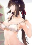  1girl absurdres azur_lane bangs bare_arms blue_eyes bra breasts brown_hair cleavage commentary glasgow_(azur_lane) hair_between_eyes hair_ornament hair_ribbon hairclip hands_up highres large_breasts long_hair looking_at_viewer nipples parted_lips red_ribbon ribbon sidelocks solo stomach suwakana sweat underwear underwear_only undressing upper_body very_long_hair white_bra 