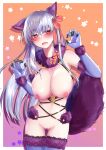  1girl animal_ears bangs bare_shoulders blush bow breasts breasts_outside claw_pose cosplay earrings elbow_gloves fate/grand_order fate_(series) fur-trimmed_gloves fur-trimmed_legwear fur_collar fur_trim gloves hair_ribbon highres jewelry kama_(fate) lace-trimmed_legwear lace_trim large_breasts long_hair looking_to_the_side mash_kyrielight mash_kyrielight_(dangerous_beast) mash_kyrielight_(dangerous_beast)_(cosplay) navel nipples o-ring open_mouth purple_gloves purple_legwear purple_tail red_eyes revealing_clothes ribbon silver_hair tail wolf_ears wolf_tail yumeneko_nyaa 