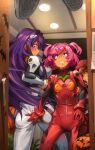  3girls absurdres armor ass ass_grab ayanami_rei ayanami_rei_(cosplay) beer_can blush bodysuit breasts brown_hair can commentary cosplay doki_doki_literature_club doorway fangs flat_chest green_eyes hair_intakes hair_ornament hair_scrunchie hairclip halloween highres interface_headset jack-o&#039;-lantern katsuragi_misato katsuragi_misato_(cosplay) khyle. large_breasts long_hair looking_up monika_(doki_doki_literature_club) multiple_girls natsuki_(doki_doki_literature_club) neon_genesis_evangelion pink_eyes pink_hair plugsuit pov purple_eyes purple_hair red_bodysuit red_scrunchie scared scrunchie short_hair short_twintails shoulder_armor souryuu_asuka_langley souryuu_asuka_langley_(cosplay) surprised turning_head twintails twisted_torso very_long_hair white_bodysuit yuri_(doki_doki_literature_club) 