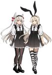  2girls absurdres alternate_costume amatsukaze_(kancolle) black_dress black_footwear black_hairband black_legwear blonde_hair borrowed_character dress full_body grey_eyes hair_tubes hairband highres kantai_collection long_hair long_sleeves looking_at_viewer mary_janes multiple_girls pantyhose shimakaze_(kancolle) shirt shoes silver_hair simple_background striped striped_legwear thighhighs two_side_up white_background white_shirt windsock yunamaro 