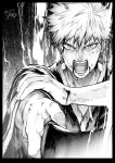  1boy absurdres black_background bleach blood blood_on_face dated greyscale highres hiraoka_koushi japanese_clothes kurosaki_ichigo looking_at_viewer male_focus monochrome open_mouth short_hair signature solo spiked_hair sword weapon 
