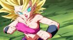  1girl :d aqua_eyes battle_damage blonde_hair bouncing_breasts breasts caulifla covered_nipples dragon_ball dragon_ball_super fighting_stance looking_at_viewer open_mouth pink_tube_top rom_(20) smile solo spiked_hair strapless super_saiyan super_saiyan_2 sweat tube_top 