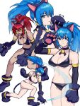  alternate_costume animal_ears animal_hands bell bikini blue_eyes blue_hair breasts cat_ears cat_girl cat_paws claws dark_persona earrings elbow_gloves gloves highres jewelry jingle_bell leona_heidern midriff multiple_views oni_gini orochi_leona ponytail red_hair snk_heroines:_tag_team_frenzy swimsuit the_king_of_fighters triangle_earrings 