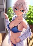  1girl anastasia_(idolmaster) bangs bare_shoulders blue_bra blue_eyes blue_panties blush bra breasts cleavage collarbone collared_shirt dress_shirt highres idolmaster idolmaster_cinderella_girls large_breasts long_sleeves looking_at_viewer navel nazu-na off_shoulder open_clothes open_mouth open_shirt panties shirt short_hair silver_hair solo thighs underwear white_shirt 