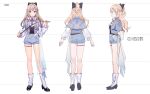  1girl aoki_(fumomo) belt black_bow blonde_hair blue_bow blue_jacket blue_shorts bow braid brown_belt character_sheet commentary flower frilled_shirt frills full_body hair_bow high_heels highres holding holding_whip jacket long_hair multiple_views nijisanji nijisanji_kr official_art purple_eyes red_flower red_rose rose shirt shorts so_nagi thigh_strap virtual_youtuber white_background white_shirt 