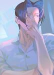  1boy absurdres ace_attorney bangs black_hair buttons chin_stroking chinese_commentary closed_mouth cloud_rad collared_shirt commentary_request grey_eyes grey_shirt hand_up highres looking_to_the_side male_focus miles_edgeworth parted_bangs shirt short_hair solo upper_body 