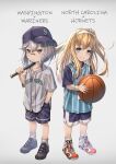  2girls ankle_socks azur_lane bandaid bandaid_on_nose bangs baseball baseball_bat baseball_cap baseball_jersey basketball basketball_jersey black_footwear blonde_hair blue_eyes blue_headwear blue_shirt blue_shorts charlotte_hornets closed_mouth clothes_writing collarbone commentary_request eyebrows_visible_through_hair frown full_body hair_between_eyes hairband hand_in_pocket hat highres holding holding_baseball_bat layered_shirt long_hair looking_at_viewer major_league_baseball multiple_girls name_conscious national_basketball_association north_carolina_(azur_lane) one_side_up over_shoulder partial_commentary red_footwear seattle_mariners shirt shoes short_hair short_sleeves shorts sidelocks sideways_hat silver_hair simple_background smile sneakers standing washington_(azur_lane) white_background white_hairband white_legwear white_shirt wristband yakkuro younger 