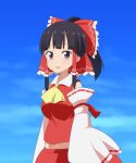  1girl :d ascot black_hair blue_sky bow breasts cato_(monocatienus) commentary detached_sleeves frilled_bow frills hair_bow hair_tubes hakurei_reimu highres large_bow looking_at_viewer medium_breasts open_mouth ponytail purple_eyes red_bow red_skirt red_vest ribbon-trimmed_sleeves ribbon_trim skirt sky smile solo touhou upper_body vest yellow_ascot 