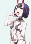  1girl bangs bare_shoulders bob_cut breasts collarbone dango eating eyeliner fate/grand_order fate_(series) food headpiece highres horns kuraikurairey looking_at_viewer makeup oni oni_horns open_mouth purple_eyes purple_hair short_hair shuten_douji_(fate) simple_background skin-covered_horns small_breasts solo tongue tongue_out tsukimi_dango wagashi 