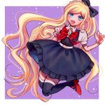  1girl :d bangs black_bow black_dress black_legwear blonde_hair blue_eyes bow braid collared_shirt danganronpa_(series) danganronpa_2:_goodbye_despair dress esu_(tasoesu) grey_shirt hair_bow hand_up legs_up long_hair open_mouth puffy_short_sleeves puffy_sleeves purple_background red_bow red_footwear red_neckwear shirt shoes short_sleeves smile solo sonia_nevermind teeth thighhighs upper_teeth very_long_hair white_background 