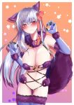  1girl animal_ears bangs bare_shoulders blush bow breasts claw_pose cleavage closed_mouth cosplay earrings elbow_gloves fate/grand_order fate_(series) fur-trimmed_gloves fur-trimmed_legwear fur_collar fur_trim gloves hair_ribbon highres jewelry kama_(fate) lace-trimmed_legwear lace_trim large_breasts long_hair looking_to_the_side mash_kyrielight mash_kyrielight_(dangerous_beast) mash_kyrielight_(dangerous_beast)_(cosplay) navel o-ring purple_gloves purple_legwear purple_tail red_eyes revealing_clothes ribbon silver_hair tail wolf_ears wolf_tail yumeneko_nyaa 