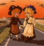  2girls apron black_gloves blonde_hair blue_eyes blush_stickers bow bowtie breasts bseibutsu building capelet commentary_request cookie_(touhou) elbow_gloves gloves hand_grab hat hat_bow kirisame_marisa long_skirt medium_breasts meguru_(cookie) multiple_girls open_mouth orange_hair orange_sky road skirt sky sleeves_past_fingers sleeves_past_wrists touhou waist_apron witch_hat yuuhi_(cookie) 