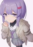  1girl a.i._voice bangs black_legwear closed_mouth commentary eyebrows_visible_through_hair grey_background grey_jacket grey_serafuku grey_shirt grey_skirt hair_between_eyes hand_up highres jacket long_sleeves looking_at_viewer neckerchief open_clothes open_jacket pleated_skirt purple_eyes purple_hair purple_neckerchief sailor_collar school_uniform serafuku shirt simple_background skirt sleeves_past_wrists solo standing thighhighs vocaloid voiceroid white_background white_sailor_collar yusake_san yuzuki_yukari yuzuki_yukari_(shizuku) 