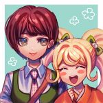  2girls :d bangs blonde_hair blush_stickers brown_eyes cat_hair_ornament collared_shirt danganronpa_(series) danganronpa_2:_goodbye_despair dress esu_(tasoesu) eyebrows_visible_through_hair facing_viewer freckles green_background green_dress grey_shirt hair_ornament happy japanese_clothes kimono koizumi_mahiru long_hair long_sleeves multiple_girls necktie open_mouth orange_kimono plaid_neckwear portrait red_hair saionji_hiyoko shiny shiny_hair shirt short_hair smile twintails 