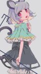  1girl :d animal_ears aqua_capelet arm_behind_back bangs bloomers busujima_(kusahana) capelet choker dowsing_rod feet_out_of_frame finger_to_own_chin frilled_capelet frills from_behind from_side grey_background grey_choker grey_hair grey_skirt hand_up highres holding index_finger_raised looking_at_viewer looking_back mouse_ears mouse_girl mouse_tail nazrin one-hour_drawing_challenge open_mouth pink_eyes round_teeth short_hair simple_background skirt smile solo standing tail tail_raised tareme teeth touhou underwear upper_teeth 