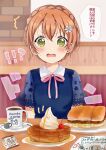  1girl @_@ bread cake coffee fang food hair_ornament highres hoshizora_rin komeda&#039;s_coffee love_live! open_mouth orange_hair ribbon shirokagi_tsukito short_hair sound_effects sweat translation_request yellow_eyes 