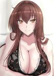  1girl absurdres black_bra blush bra breasts brown_hair cleavage collarbone crossed_arms eyebrows_visible_through_hair hair_down highres kantai_collection ken_(shutenndouji1) large_breasts long_hair looking_at_viewer smile solo underwear upper_body yamato_(kancolle) yellow_eyes 