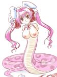  animal_ears breasts brown_eyes bunny_ears di_gi_charat lamia large_breasts long_hair monster_girl nipples no_arms pink_hair scales smile solo supon twintails usada_hikaru 