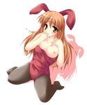  animal_ears asahina_mikuru bad_anatomy bangs brown_hair bunny_ears bunnysuit nipples pantyhose solo suzumiya_haruhi_no_yuuutsu tekehiro 