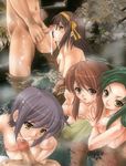  asahina_mikuru breast_grab breasts brown_hair cum dark_skin dark_skinned_male duplicate fellatio grabbing hetero male_pubic_hair medium_breasts multiple_girls nagato_yuki nude onsen oral penis pubic_hair short_hair silverfox suzumiya_haruhi suzumiya_haruhi_no_yuuutsu tsuruya 