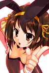  animal_ears blush blush_stickers breasts brown_eyes brown_hair bunny_ears bunnysuit ears_visible_through_hair hairband hechi looking_at_viewer lowres nipple_slip nipples open_mouth pantyhose short_hair small_breasts solo suzumiya_haruhi suzumiya_haruhi_no_yuuutsu v-shaped_eyebrows 