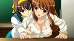  age_difference asahina_mikuru asahina_mikuru_(adult) blush breast_grab breasts brown_hair covered_nipples fingernails grabbing groping kita_high_school_uniform large_breasts lipstick long_sleeves makeup mole mole_on_breast multiple_girls nail_polish red_nails sanshita school_uniform serafuku short_hair suzumiya_haruhi suzumiya_haruhi_no_yuuutsu yuri 