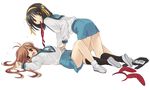  all_fours antenna_hair asahina_mikuru blue_sailor_collar brown_hair from_side hairband kita_high_school_uniform long_hair long_sleeves looking_at_viewer lying mouth_hold multiple_girls on_back piyodera_mucha ribbon sailor_collar school_swimsuit school_uniform serafuku short_hair simple_background suzumiya_haruhi suzumiya_haruhi_no_yuuutsu swimsuit undressing yuri 