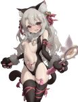  1girl absurdres animal_ear_fluff animal_ears animal_hands bell black_gloves black_legwear breasts breath captive_bead_ring cat_ears cat_tail chinese_commentary commentary_request cowboy_shot dildo elbow_gloves fate/kaleid_liner_prisma_illya fate_(series) fur_collar gloves grey_hair hair_bell hair_censor hair_ornament hair_ribbon heart heart-shaped_pupils highres holding holding_dildo holding_wand illyasviel_von_einzbern iyasu_shikaku jingle_bell long_hair looking_at_viewer magical_ruby navel nipple_piercing nipple_rings paw_gloves piercing pubic_tattoo red_eyes red_ribbon revealing_clothes ribbon sex_toy simple_background small_breasts solo stomach symbol-shaped_pupils tail tattoo thighhighs tongue tongue_out vibrator vibrator_in_thighhighs wand white_background 