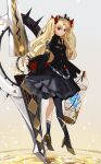  1girl armlet asymmetrical_legwear bangs birdcage black_dress black_legwear black_nails blonde_hair breasts cage chain closed_mouth commentary_request dress earrings ereshkigal_(fate) eyebrows_visible_through_hair fate/grand_order fate_(series) fingernails full_body gold_footwear gold_trim hair_ornament hair_ribbon high_heels highres holding holding_cage holding_weapon hoop_earrings jewelry long_hair long_sleeves looking_at_viewer meslamtaea_(weapon) nail_polish pantyhose parted_bangs pineapple6huza polearm red_eyes red_ribbon ribbon smile solo spear tiara two_side_up uneven_legwear very_long_hair weapon 
